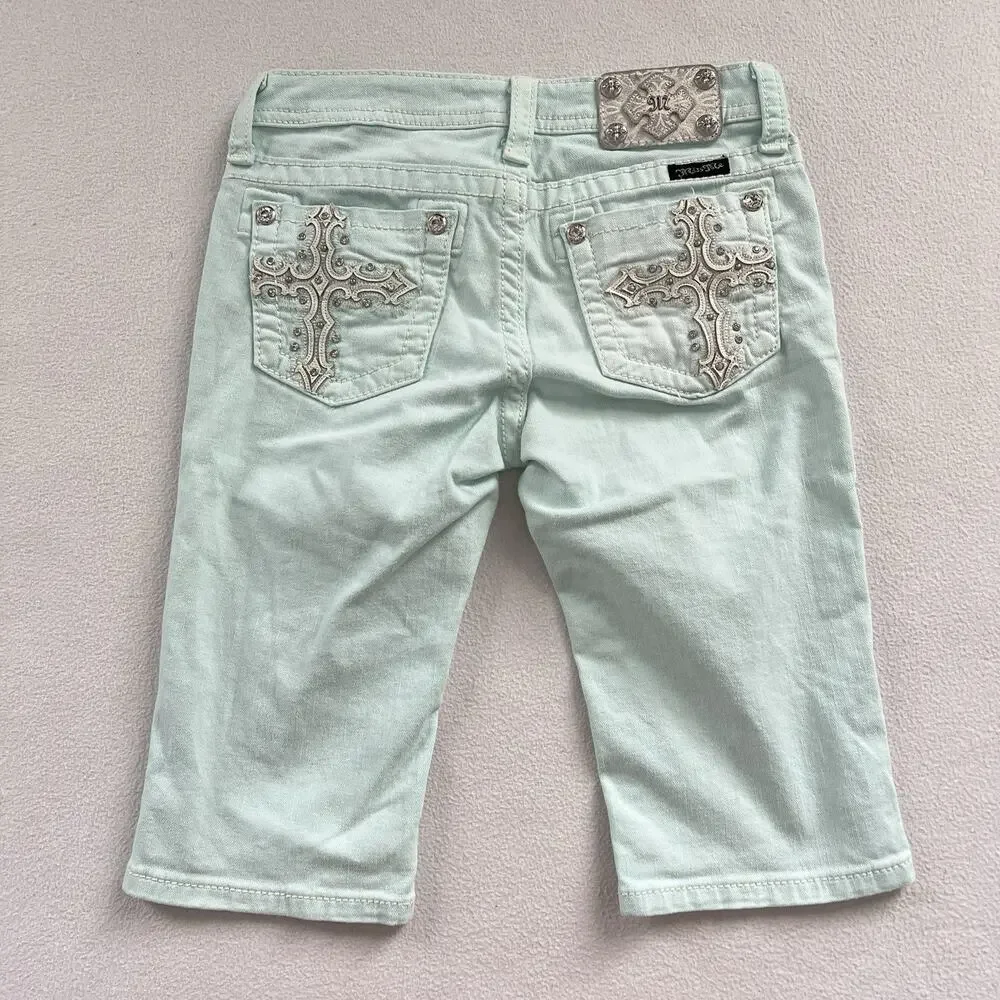 Miss Me Girl Icy Blue JK5633M4 Bermuda Bling Cross Stretch Denim Jean Short 16